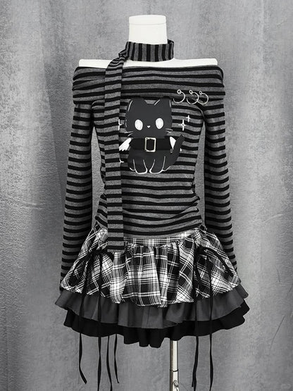 Y2K Black and White Plaid Tiered Skirt Bowknots Decoration