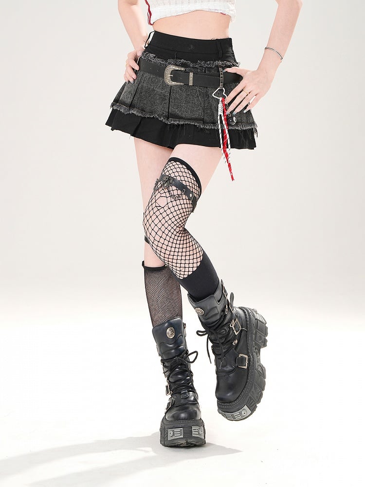 Black High Waist Frayed Hem Distressed Vintage Denim Skirt with Buckle Belt