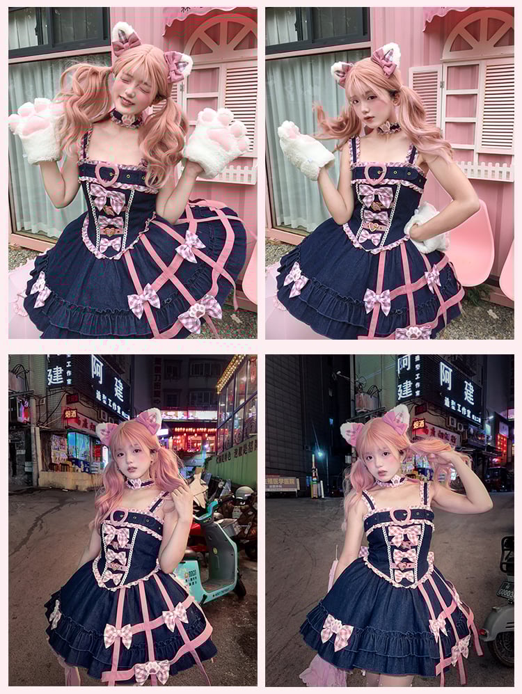 Y2K Pink Plaid Bowknots Birdcage Design Blue Denim Sweet Lolita Dress Jumper Skirt