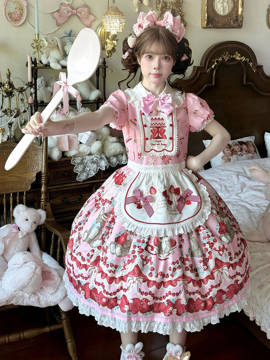 Strawberry and Bunny Print Pink Cottagecore Country Lolita One Piece Strawberry Cake Embroidery Front