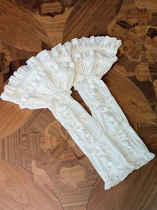 White Bowknot and Button Accents Tiered Ruffle Bell Sleeves