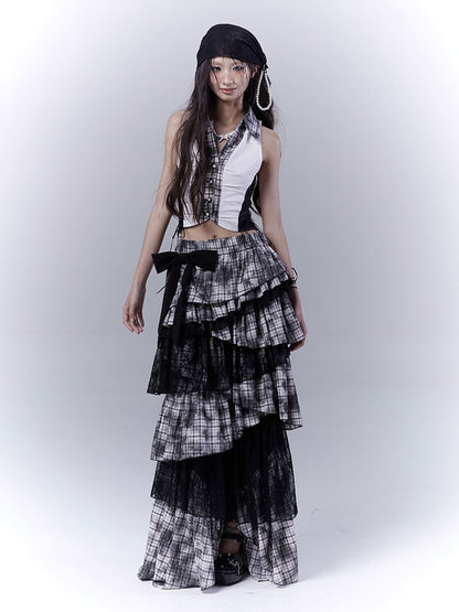 Black Plaid Pattern Shirt Collar Cropped Sleeveless Top with Lace-up Details Side