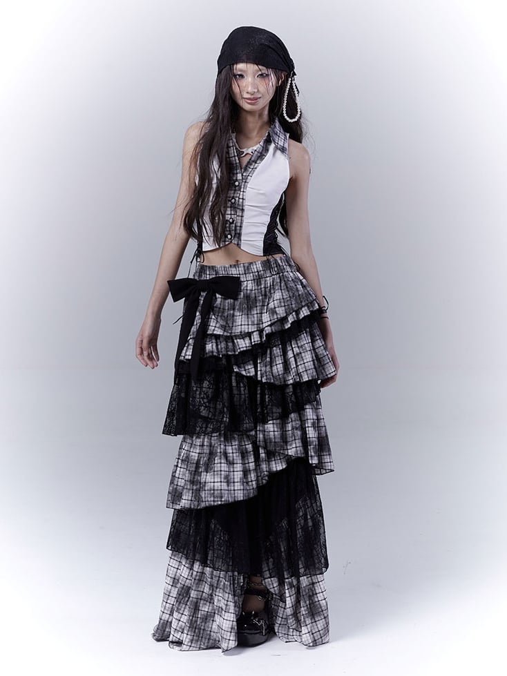 Black Punk Asymmetrical Tiered Plaid Skirt Regular/Long Version