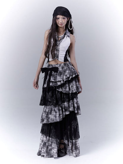 Black Punk Asymmetrical Tiered Plaid Skirt Regular/Long Version