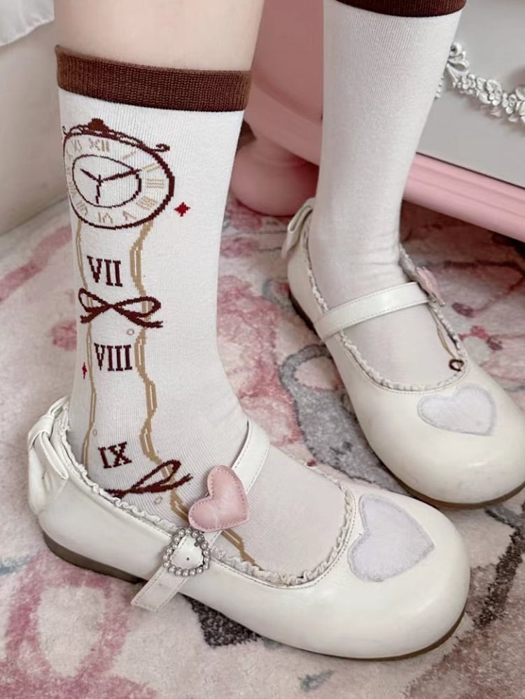 Brown Clock Print Alice In Wonderland Vibes Lolita Calf Socks