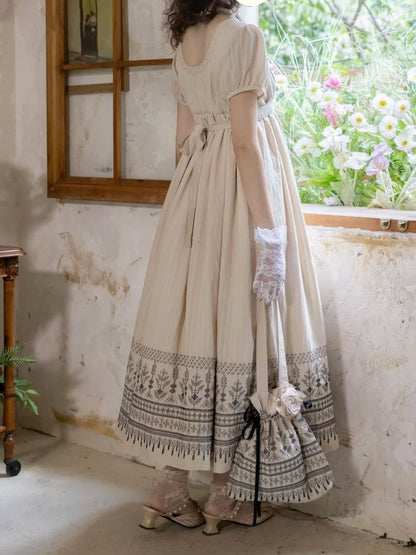 Foldover Design Neckline Blue Vintage Embroidery Empire Waist Elegant Lolita One Piece Long/Short Version