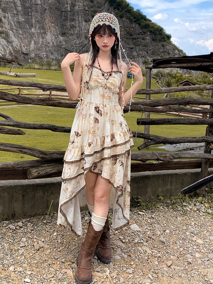 Vintage Butterfly Print Handkerchief Hem Apricot Tie Dye Spaghetti Strap Dress