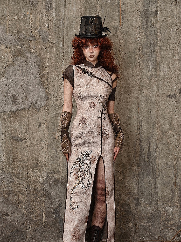 Steampunk Inspired Asymmetrical Sleeves Dragon Embroidery Qipao