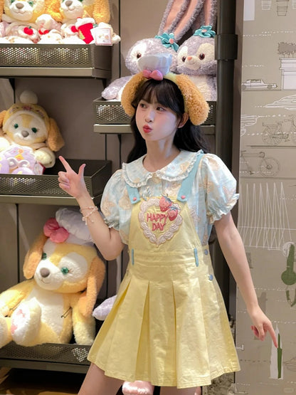 Sweet Strawberry Embroidery Yellow Box Pleat Overall Dress