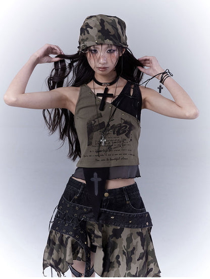 Camouflage Wasteland Punk Distressed Studded Triangle Scarf