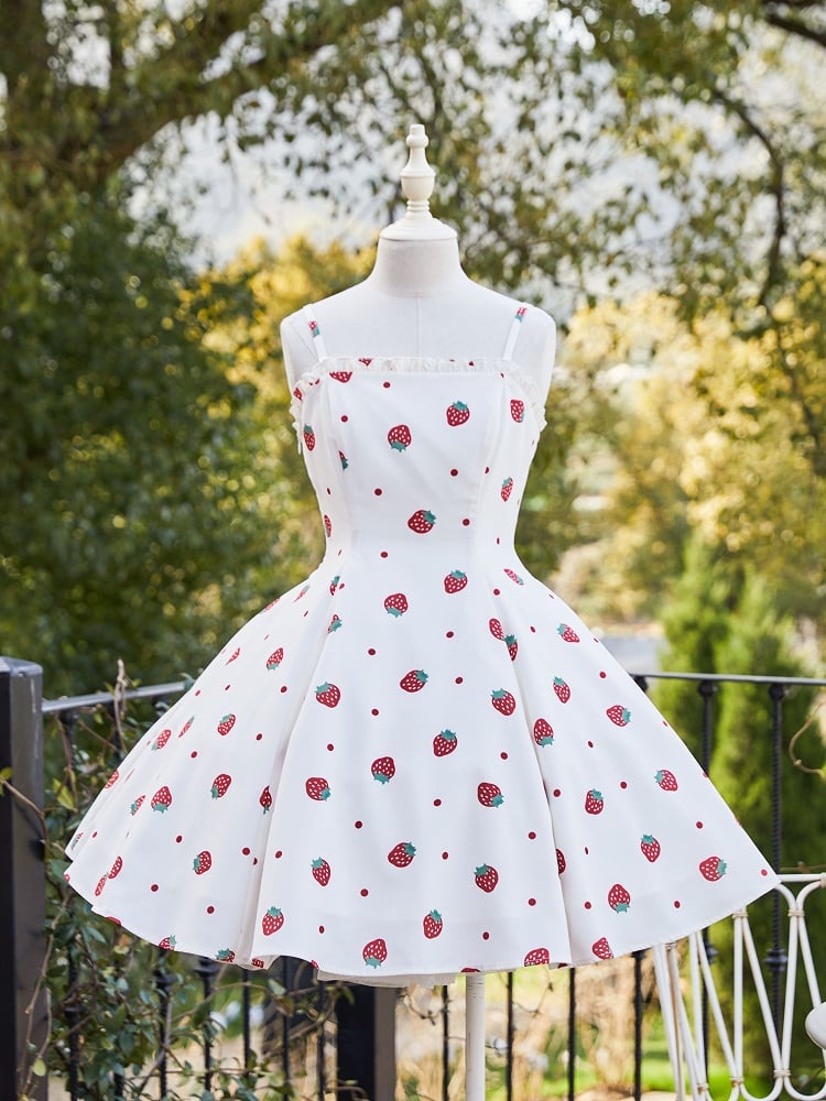 Summer Strawberry and Polka Dots Print Sun Dress White Sweet Lolita JSK
