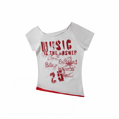 Y2K Letter Print White/Gray Asymmetrical Neckline T-shirt