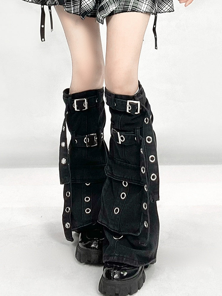 Black & White Plaid Handkerchief Hem Skirt + Buckle Straps Leg Warmers