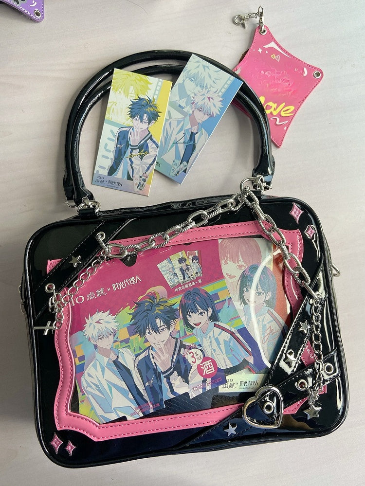 Black & Dark Pink Crisscross Strap Ita Shoulder Bag with Cross Charm Chain