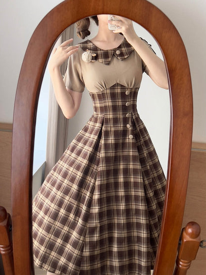 Slimming Dark Brown Retro Fashion Short Sleeves Plaid Dress