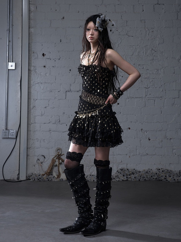 Beige/Black Halter Neck Lace Patches Waist Polka-dot Vintage Strapless Dress