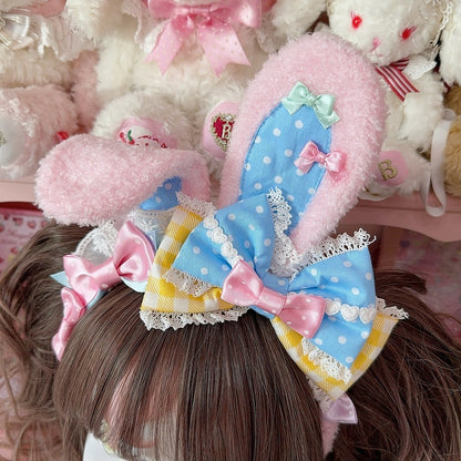 3 Color Options Polka-dot And Plaid Pattern Bowknot Details Plush Bunny Ear KC