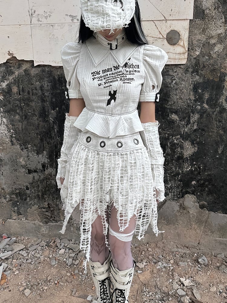 White Punk Distressed Holes Handkerchief Hem Skirt with Detachable Overlay