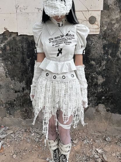 White Punk Distressed Holes Handkerchief Hem Skirt with Detachable Overlay
