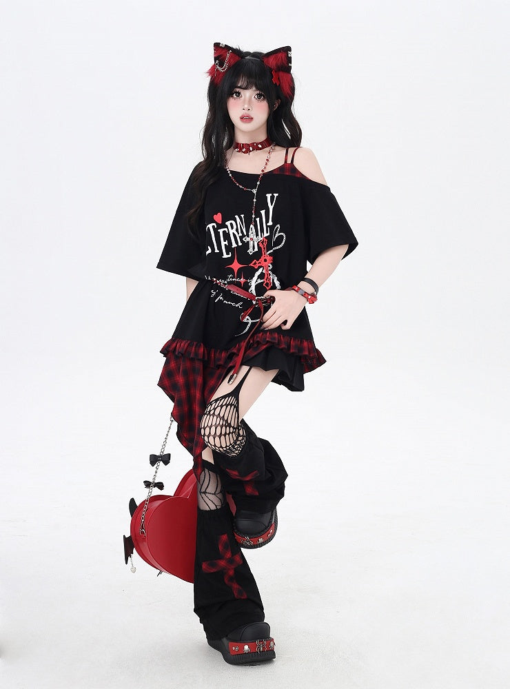 Asymmetrical Red/Purple Plaid Hem Black Punk Rock Graphic T-Shirt