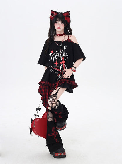 Asymmetrical Red/Purple Plaid Hem Black Punk Rock Graphic T-Shirt