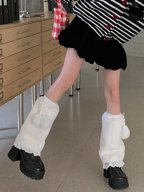 White Sweet Bowknot Lace Trim 20CM/30CM Plush Leg Warmers With Pompons