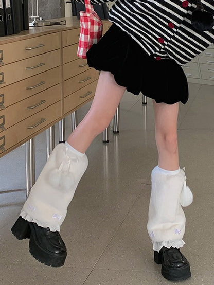 White Sweet Bowknot Lace Trim 20CM/30CM Plush Leg Warmers With Pompons
