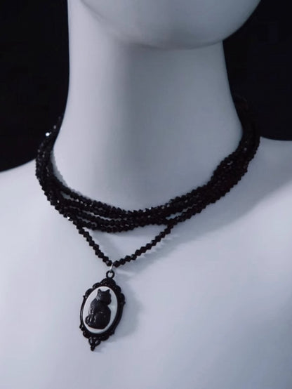 Handmade Vintage Black Cat Pendant Gothic Multi Layers Necklace