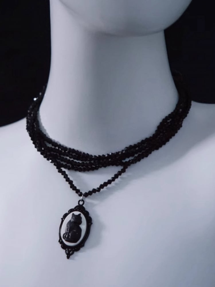 Handmade Vintage Black Cat Pendant Gothic Multi Layers Necklace