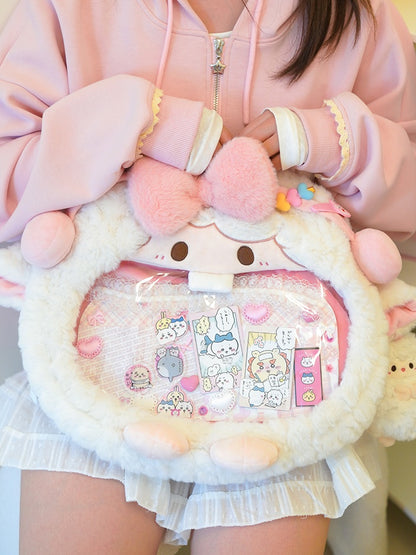 White And Pink Cute Lamb Bowknot Plush Ita Bag Backpack