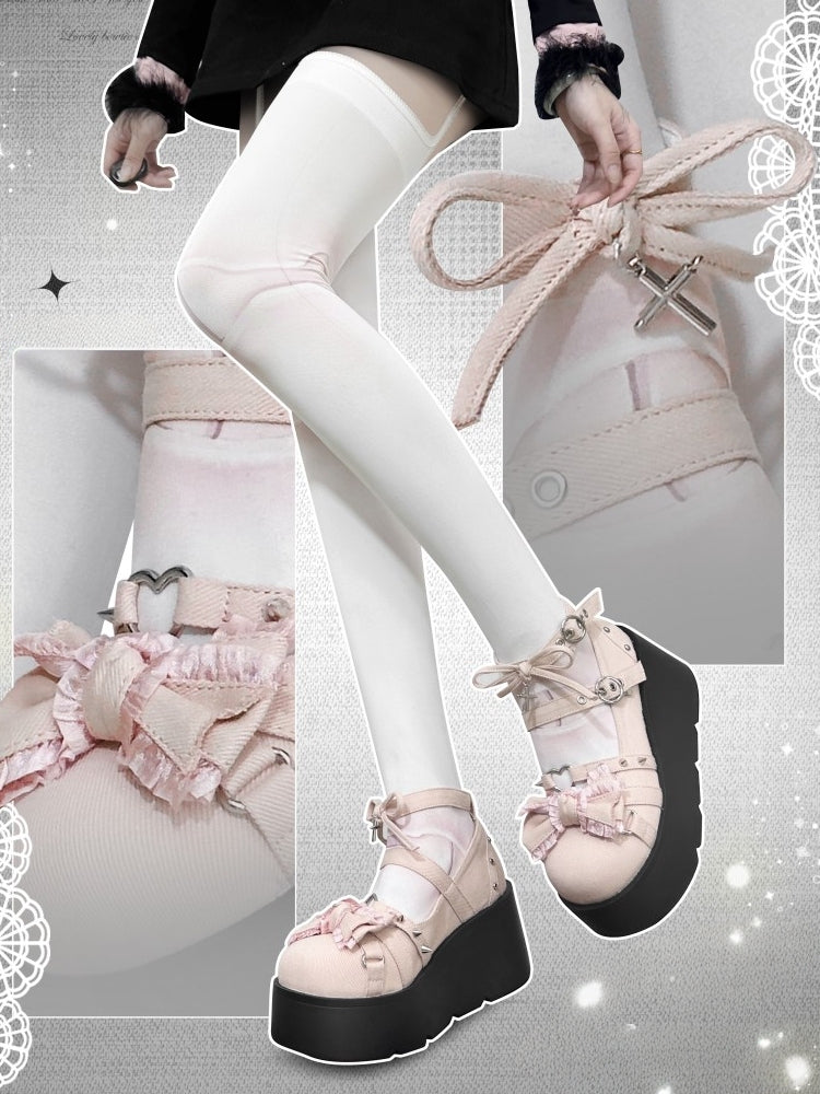 Spike Studs Bow Accents Pink Cross Gothic Platforms Punk Shoes