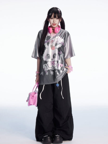 Plaid Patchwork Waist Drawstring Cuffs Black Wide-leg Casual Pants