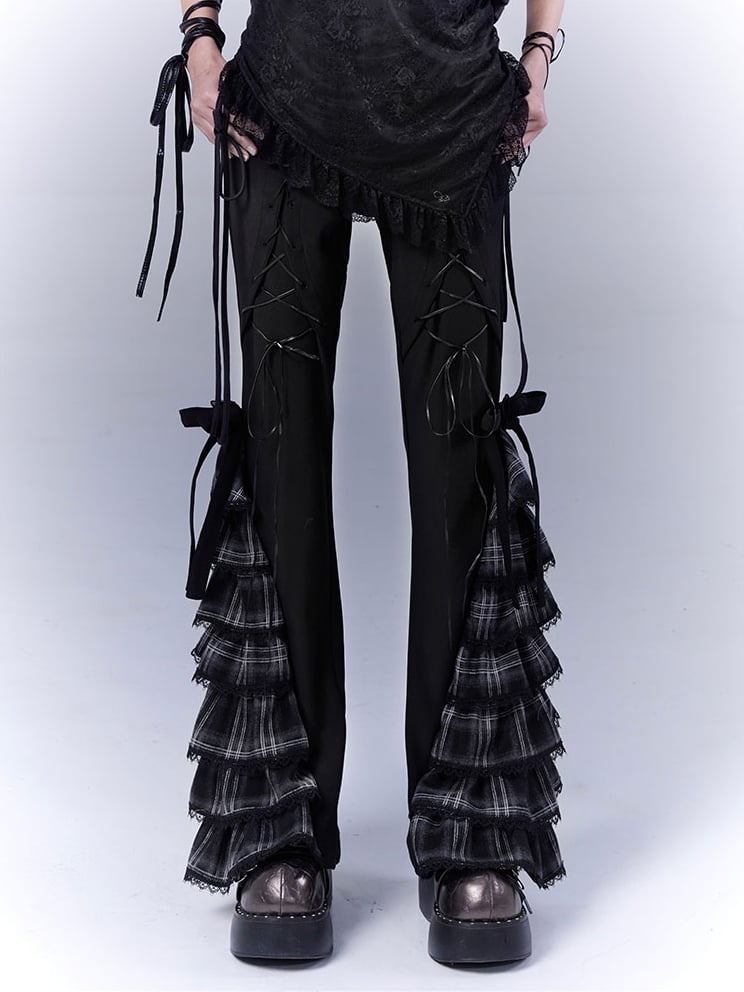 Black Lace-up Front Tiered Plaid Cuffs Slim-fitting Pants