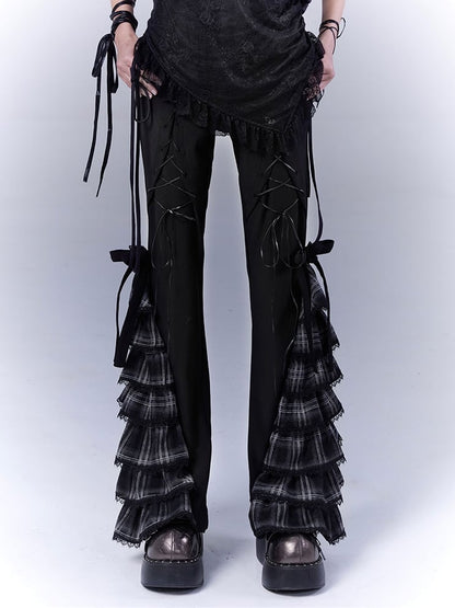 Black Lace-up Front Tiered Plaid Cuffs Slim-fitting Pants