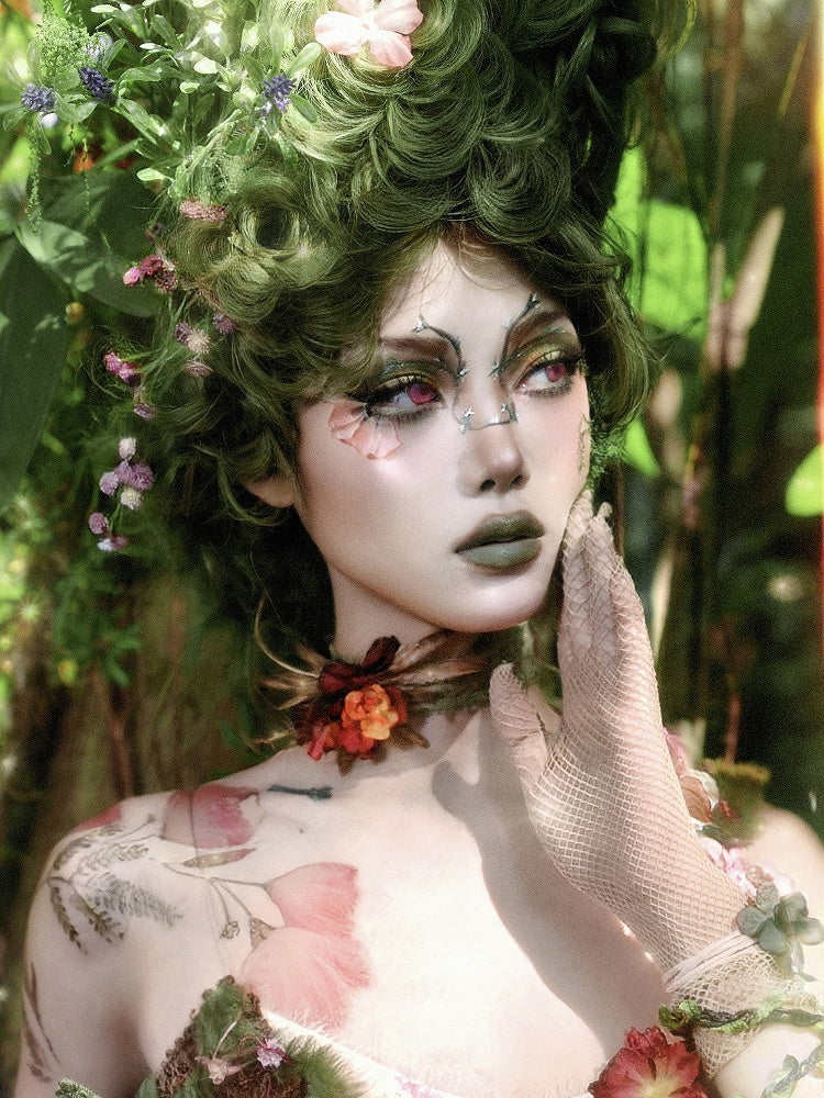 Fairy Goth Red / Green Flower Choker