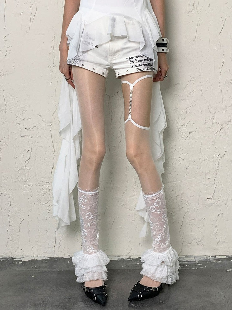 White Y2K Floral Pattern Ruffle Trims Semi-sheer Leg Seeves