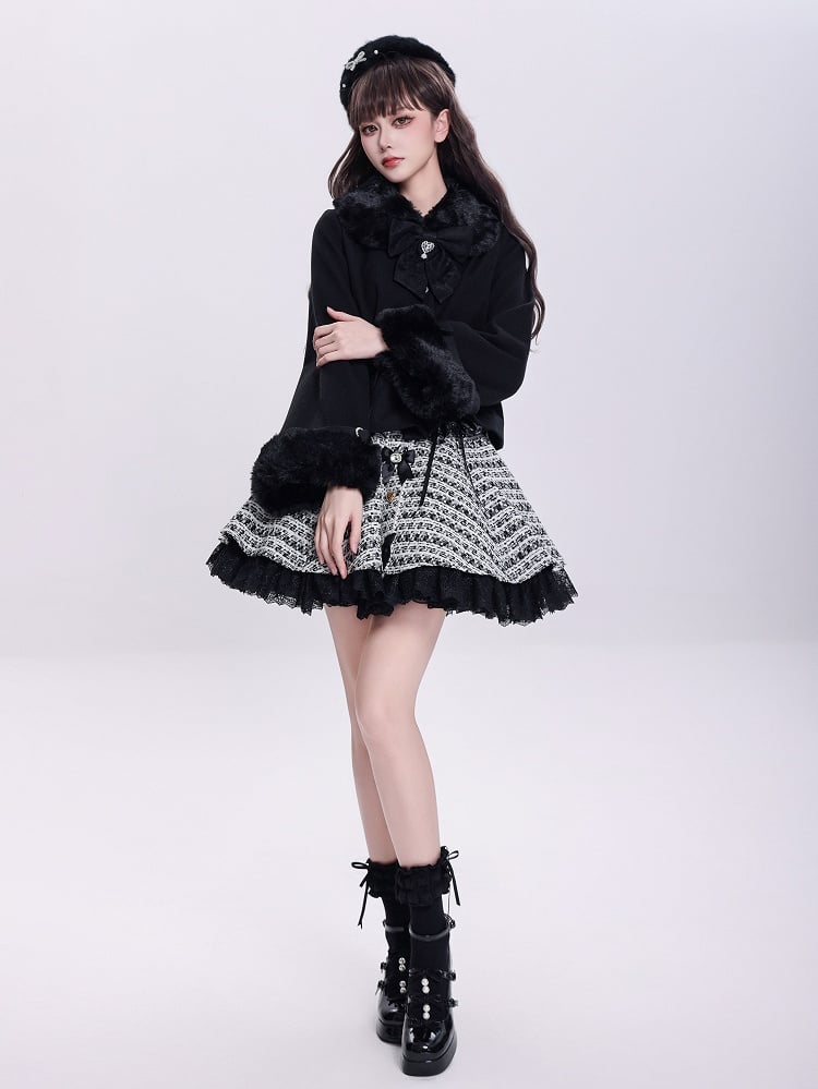 Jirai Kei Black Detachable Faux Fur Collar and Cuffs Landmine Style Coat