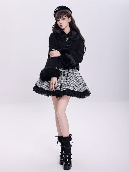 Jirai Kei Black Detachable Faux Fur Collar and Cuffs Landmine Style Coat