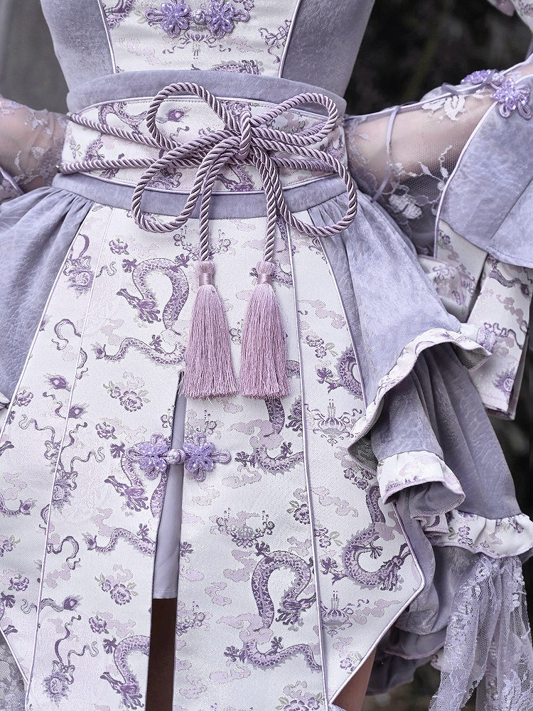 Purple Corset Belt Waist Irregular Layered Skirt Chinoiserie Knot Button and Tassels