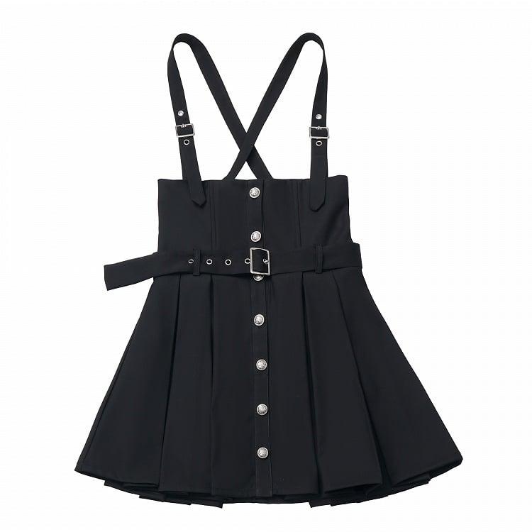 Black/Gray Adjustable Strap Box Pleat Overall Skirt with Belt