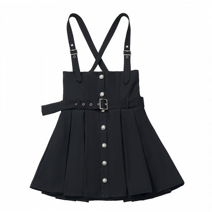 Black/Gray Adjustable Strap Box Pleat Overall Skirt with Belt