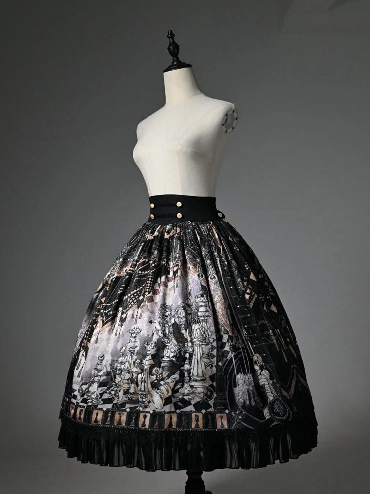 Black Corset Belt Waist Chess Theme Print Lolita Skirt