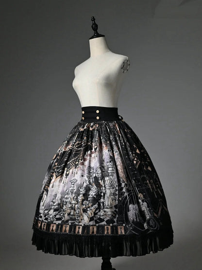 Black Corset Belt Waist Chess Theme Print Lolita Skirt