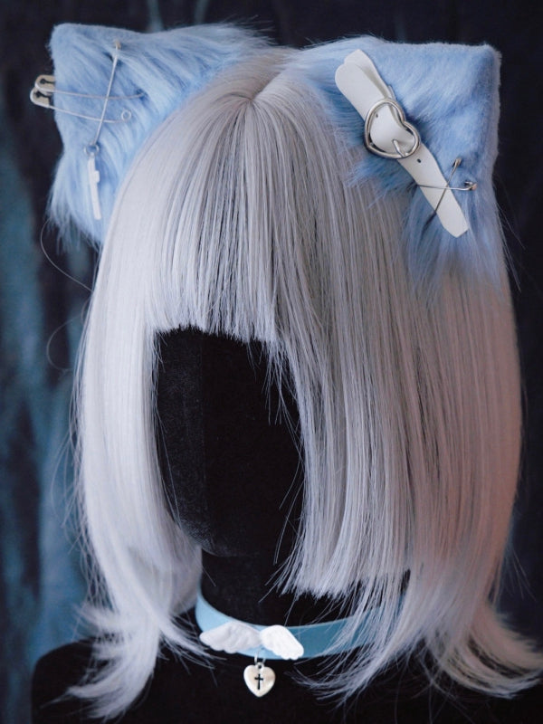 Pins and PU Buckle Blue and White Asymmetrical Kitty Ears Hairclips