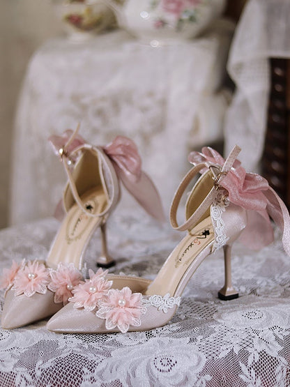 Pink Floral and Bowknot Pointed Toe Hime Lolita High Heels