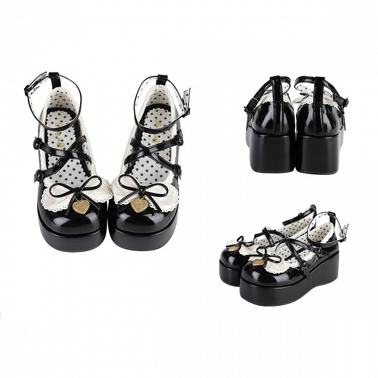 Buckle Ankle Strap Black Sweet Knotted Bow Accent Platforms