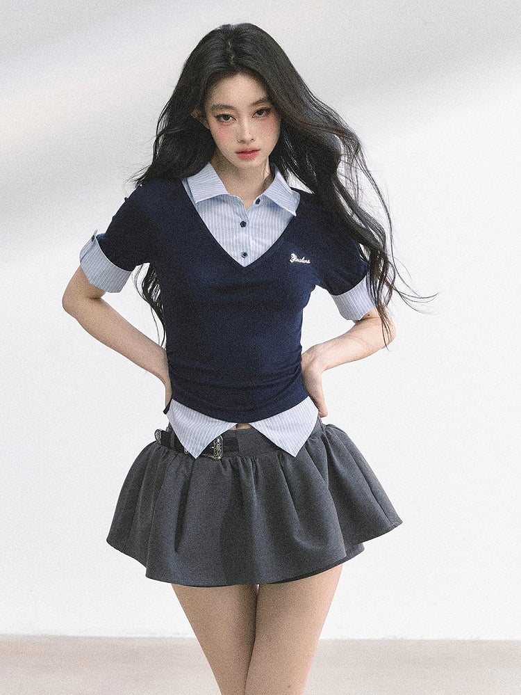 Preppy Style Polo Collar Navy Blue Striped T-shirt Faux Two-pieces