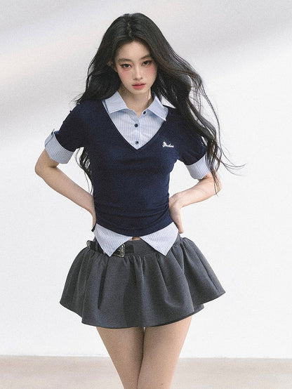 Preppy Style Polo Collar Navy Blue Striped T-shirt Faux Two-pieces