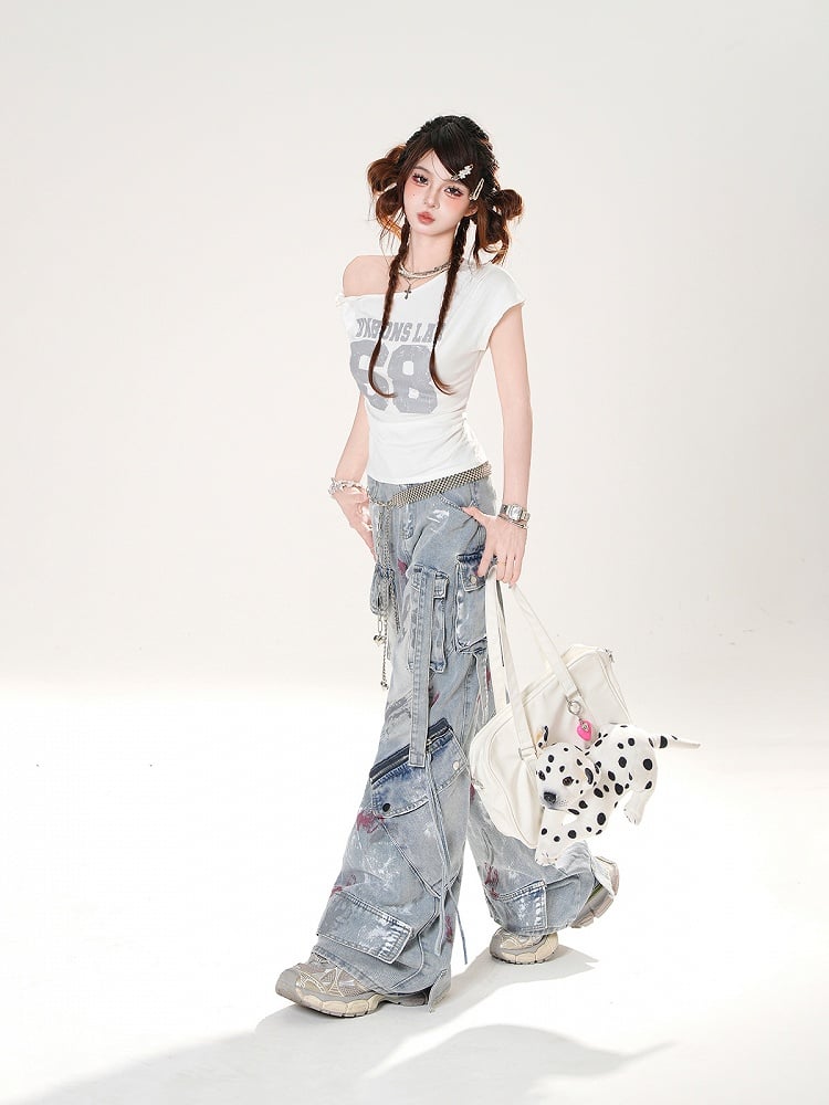 Asymmetrical Neckline Number Print White/Black Slim-fitting T-Shirt