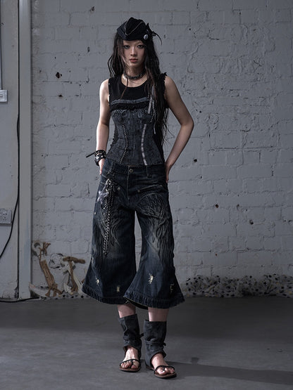 Blue/Yellow Faded Wash Distressed Holes Angel Wing Embroidery Vintage Punk Wide-leg Jeans